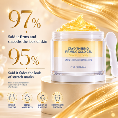Cryo Thermo Firming Gold Gel jar with gold gel on top, surrounded by gold swirls and text highlighting skin benefits.