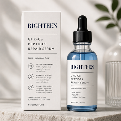 RIGHTEEN GHK-Cu Peptides Repair Serum bottle and packaging on a neutral background