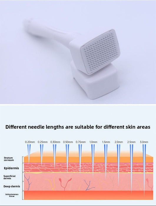 Skincare tool with needle lengths diagram on a light purple background